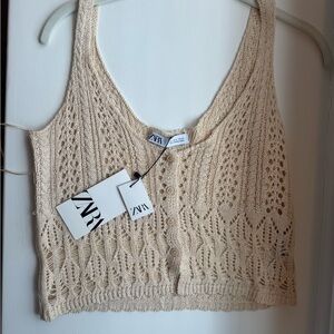 ZARA Cream Open-Knit Button-Front Cropped Camisole